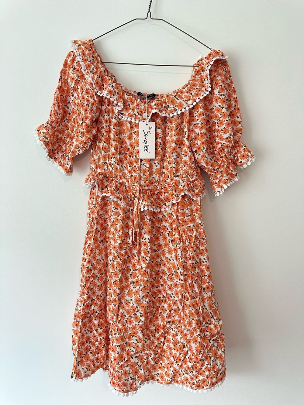 Simplee Women's Orange floral ruffle boho Dress